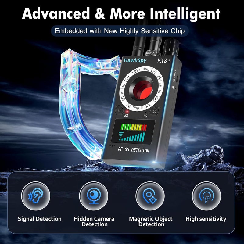 HawkSpy K18 Hidden Camera Detectors Bug & GPS Tracker Scanner Spy Camera Finder for Hidden Devices Listening Device Scanner with Sound & Vibration Alarm Portable Privacy Protection(Black) - Image 2
